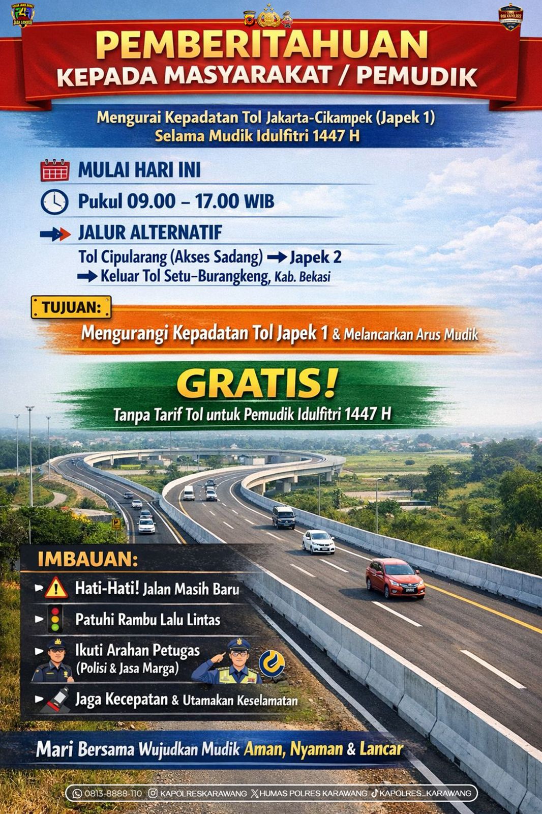 Mulai Hari Ini, Akses Sadang ke Japek 2 Difungsikan, Pemudik Dialihkan ke Setu–Burangkeng