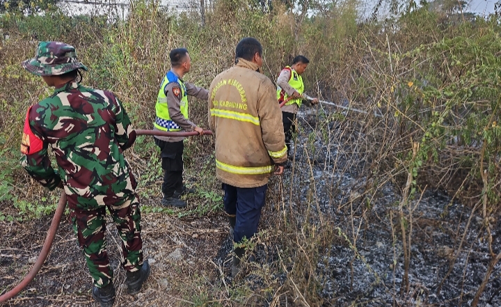 Personel Polsek Klari Bersama Tim Damkar Padamkan Kebakaran Lahan Ilalang, Situasi Berhasil Dikendalikan